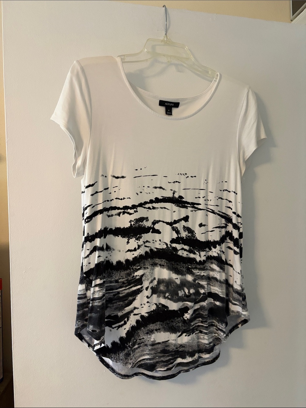 Alfani White Tee with Black Abstract Wave Print